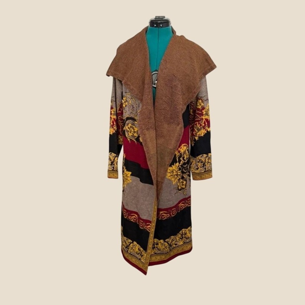 Maxsport Open Tapestry Cardigan XL Brown Burgundy Floral Longline Wool Blend